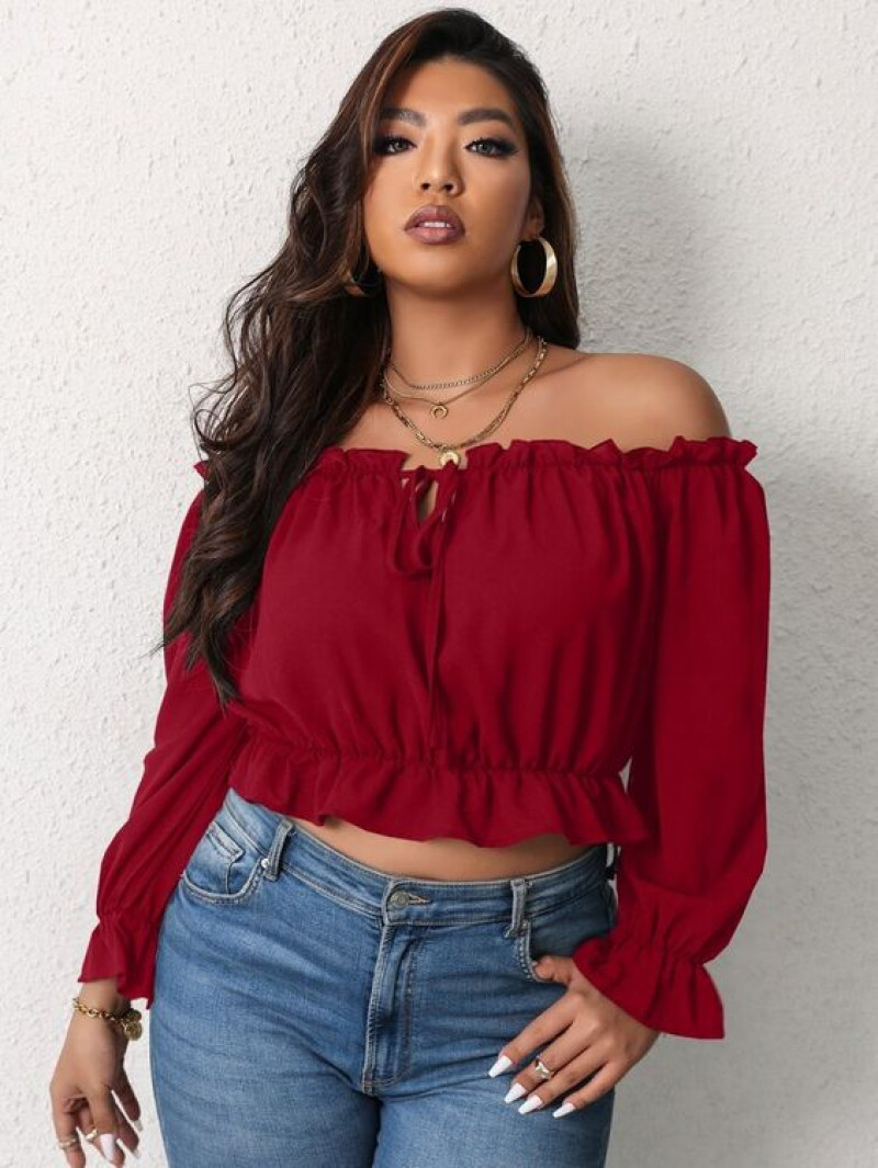 Red Long Sleeves Cropped Blouse, Light Blue Denim Jeans, Crop Top Outfits