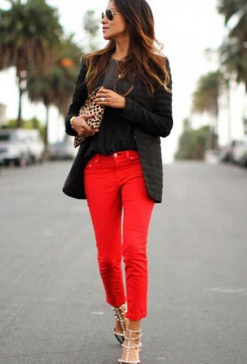 Black Biker Jacket, Red Cotton Casual Trouser, Outfits With Red Pants / Jeans