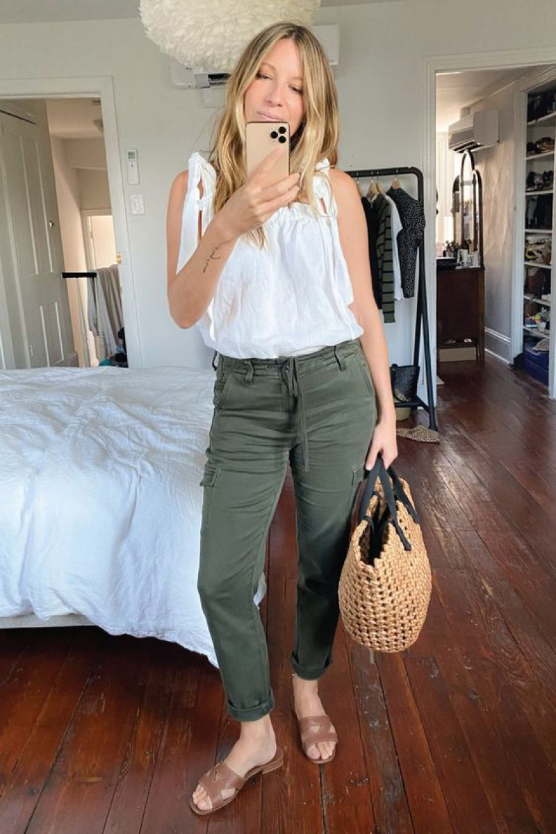 White Sleeveless Top, Green Leather Leather Trouser, Green Cargo Pants Outfit