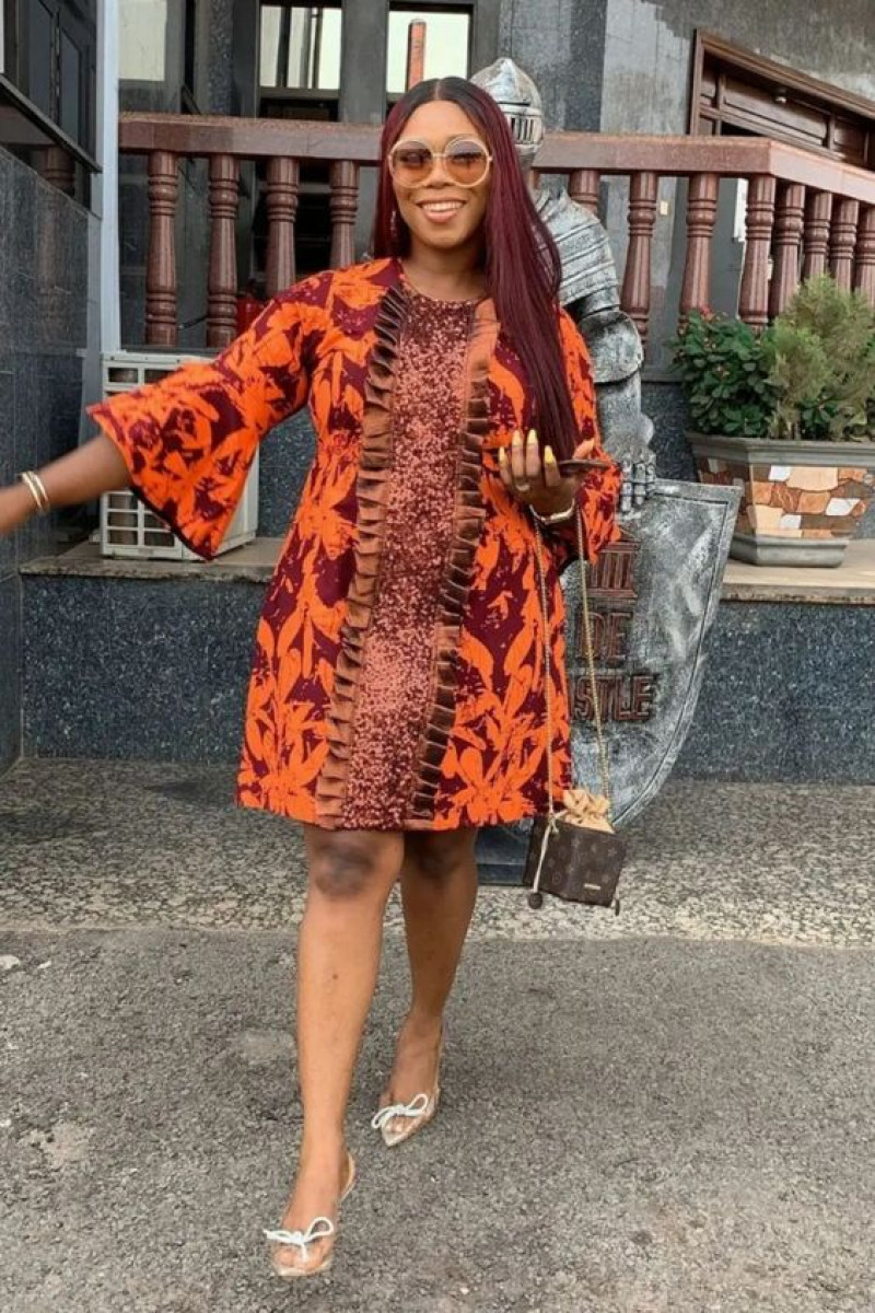 Orange  Mini Blouse Dress, Short Ankara Gown