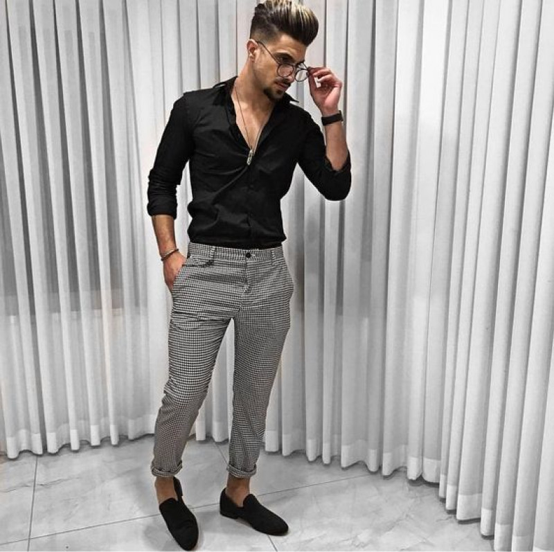 Black 3/4 Sleeves Shirt, Grey Corduroy Casual Trouser, Black Shirt Grey Pants