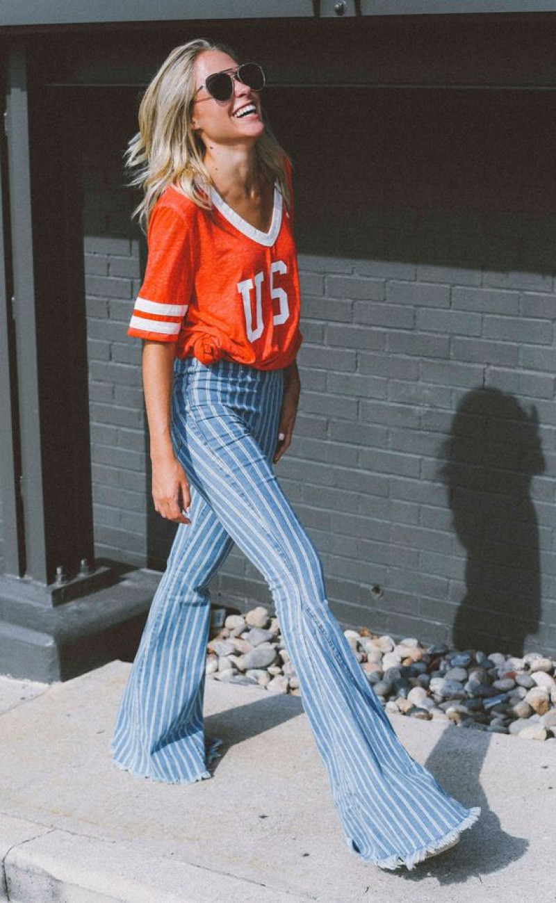 Orange 3/4 Sleeves Cropped Blouse, Light Blue Cotton Casual Trouser, Bell Bottom Outfits