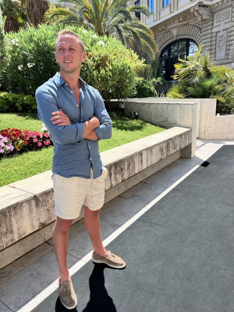 Light Blue Long Sleeves Shirt, White Cotton Hotpant, Men's Loafer With Shorts