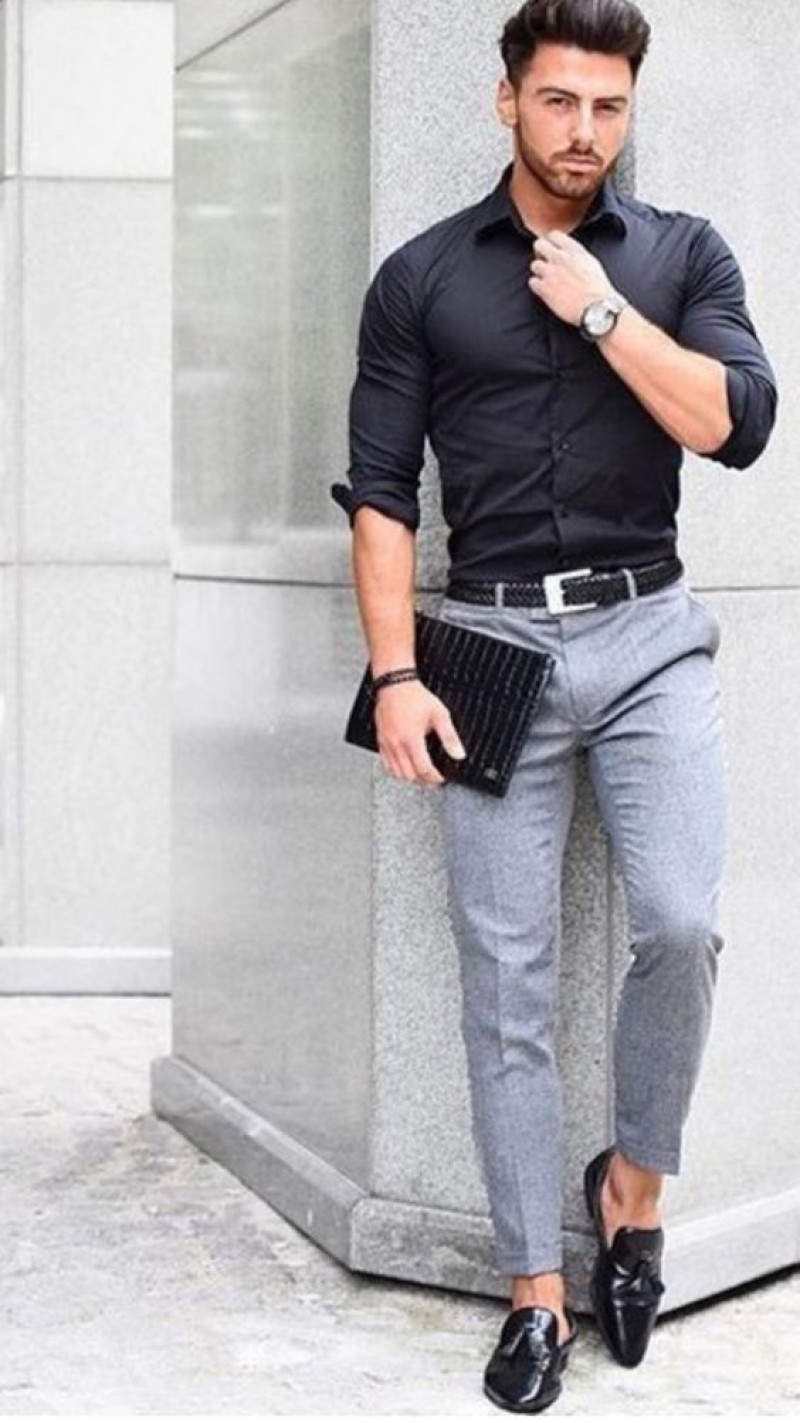 Black Short Sleeves Shirt, Grey Casual Trouser, Black Shirt Grey Pants