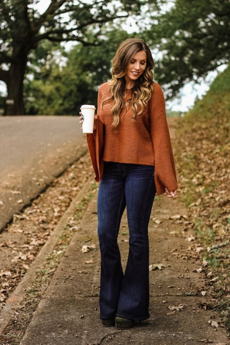 Brown Wool Coat, Dark Blue And Navy Denim Jeans, Bell Bottom Outfits