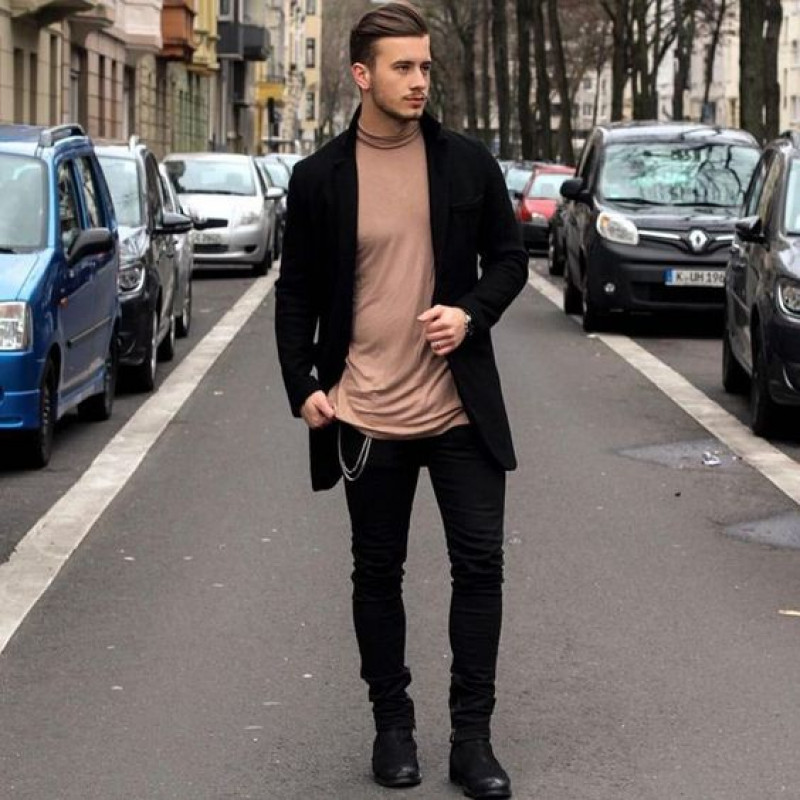 Black Wool Coat, Black Denim Jeans, Mens Turtleneck Outfits