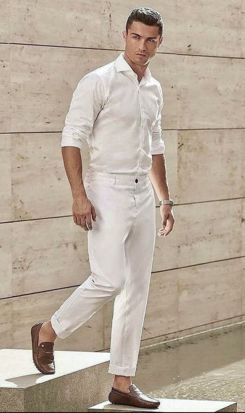 White Short Sleeves Denim Shirt, White Denim Casual Trouser, White Outfit