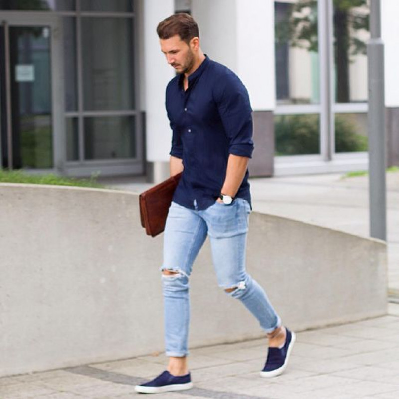 Dark Blue And Navy 3/4 Sleeves Denim Shirt, Light Blue Denim Casual Trouser, Men's Blue Jeans