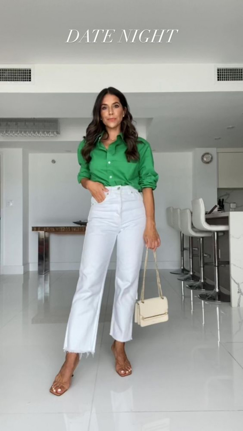 Green 3/4 Sleeves Shirt, White Cotton Jeans, Outfits