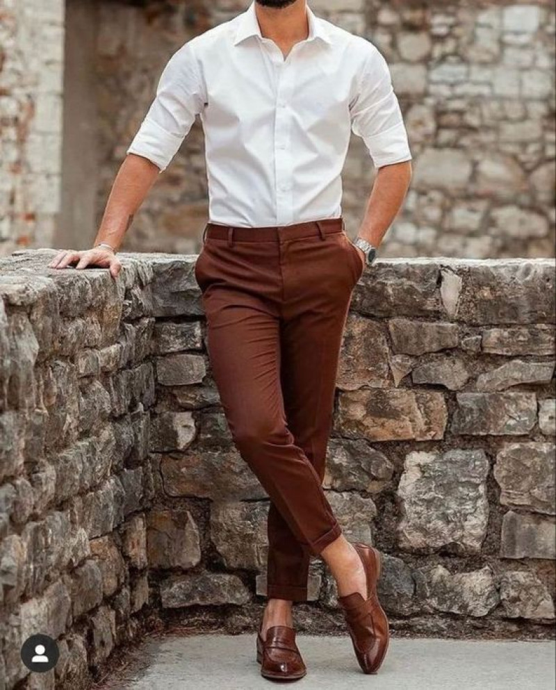 White Short Sleeves Shirt, Brown Casual Trouser, Graduation Outfits