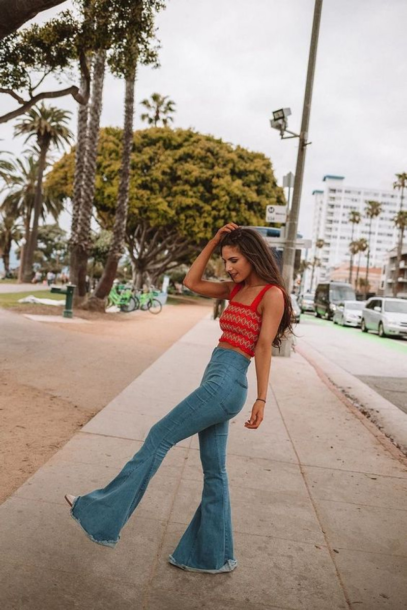 Red Sleeveless Crop Top, Light Blue Denim Casual Trouser, Bell Bottom Outfits