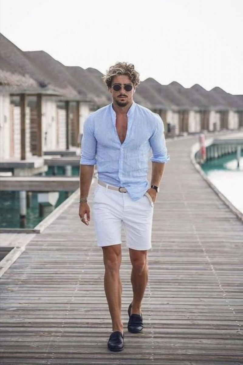 Light Blue 3/4 Sleeves Denim Shirt, White Denim Denim Short, Men's Loafer With Shorts