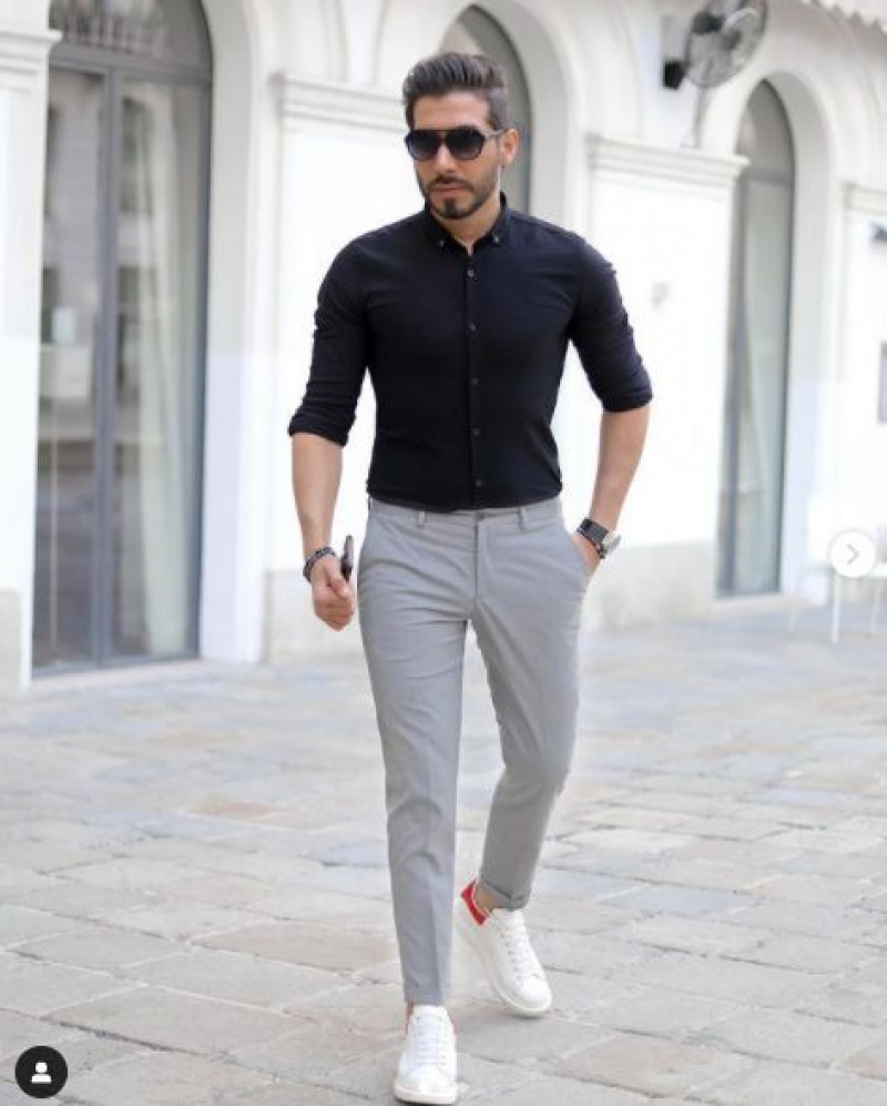 Black 3/4 Sleeves Shirt, White Cotton Casual Trouser, Black Shirt Grey Pants