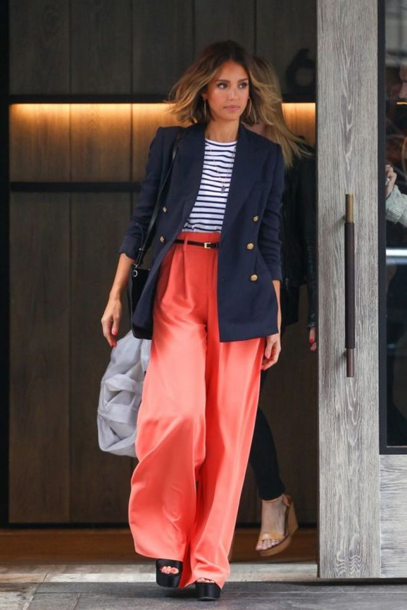 Dark Blue And Navy Wool Coat, Pink Silk Casual Trouser, Coral Outfits