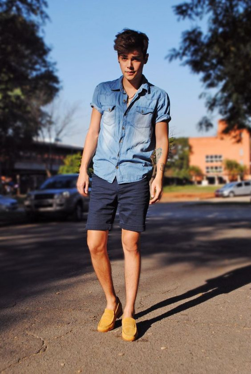 Light Blue Short Sleeves Denim Shirt, Dark Blue And Navy Denim Denim Short, Men's Loafer With Shorts