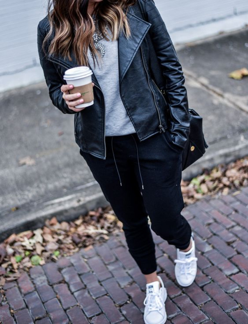 Black Biker Jacket, Black Cotton Casual Trouser, Black Jeans And White Shoes Outfits