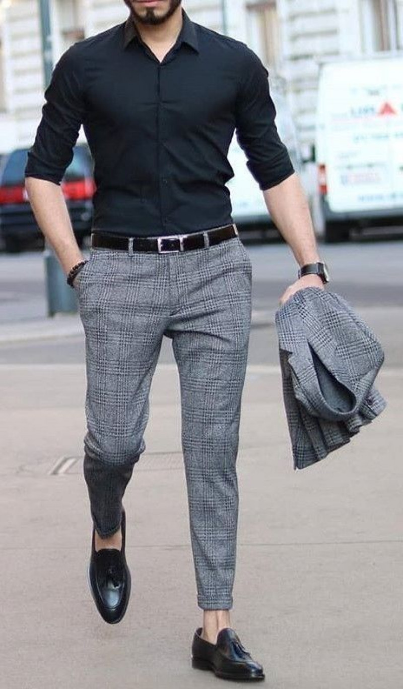 Black 3/4 Sleeves Shirt, Grey Denim Formal Trouser, Black Shirt Grey Pants