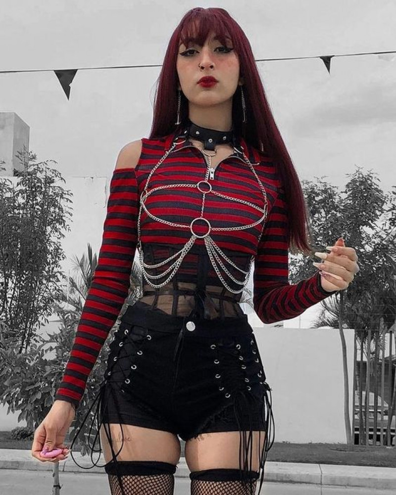 Red Long Sleeves T-Shirt, Black Casual Short, Punk Outfits Ideas