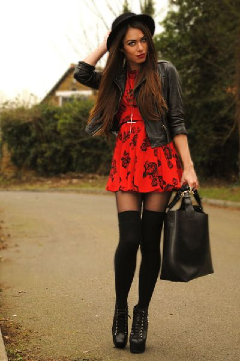 Black Casual Jacket, Red Cotton A-Line Skirt, Thigh Socks Outfits
