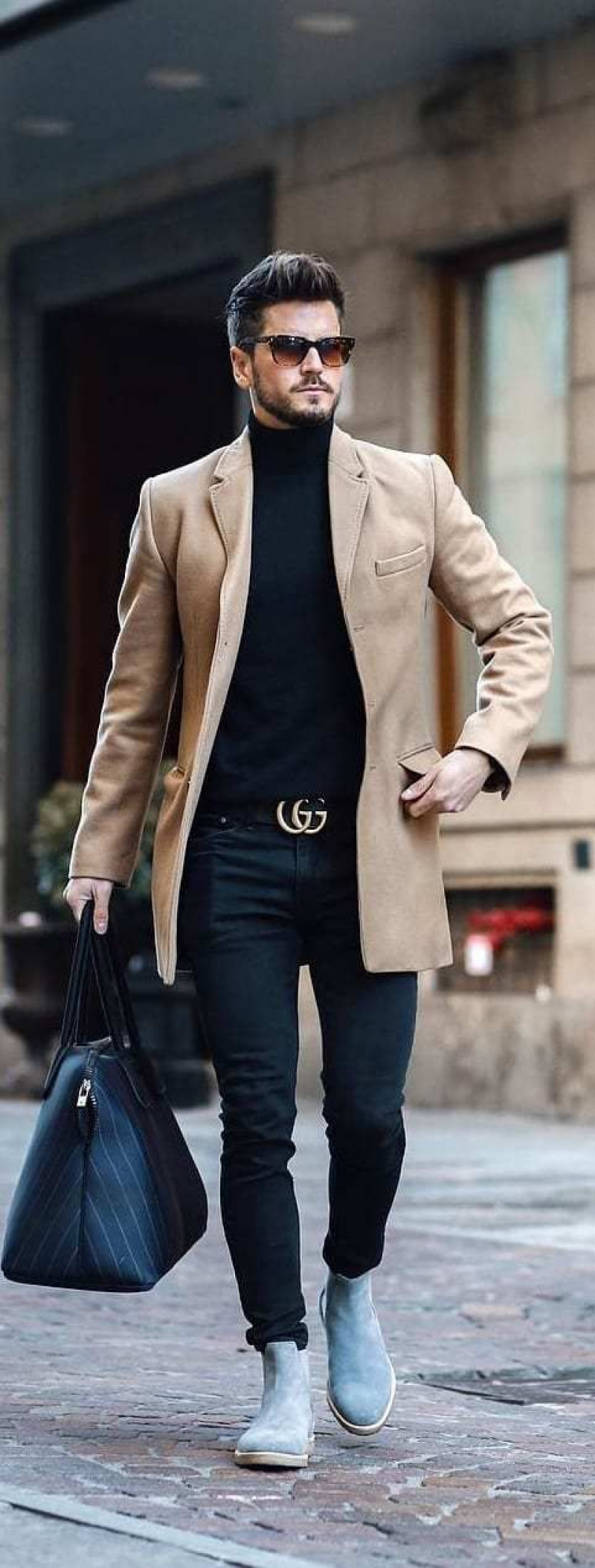 Beige Wool Coat, Black Denim Casual Trouser, Mens Turtleneck Outfits