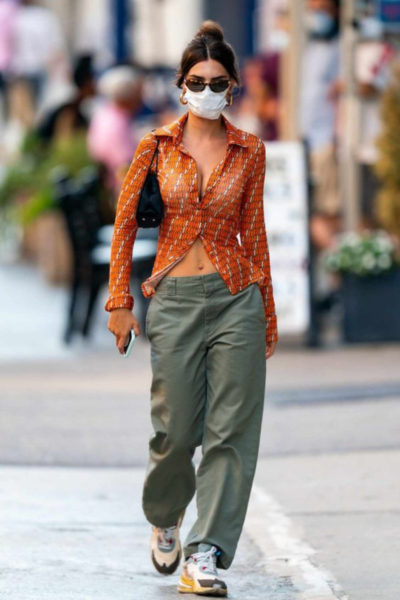 Orange Long Sleeves Wrap Top, Grey Cotton Jeans, Green Cargo Pants Outfit