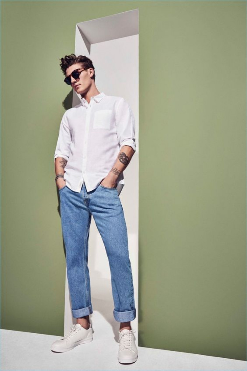 White Long Sleeves Shirt, Light Blue Denim Casual Trouser, Men's Blue Jeans