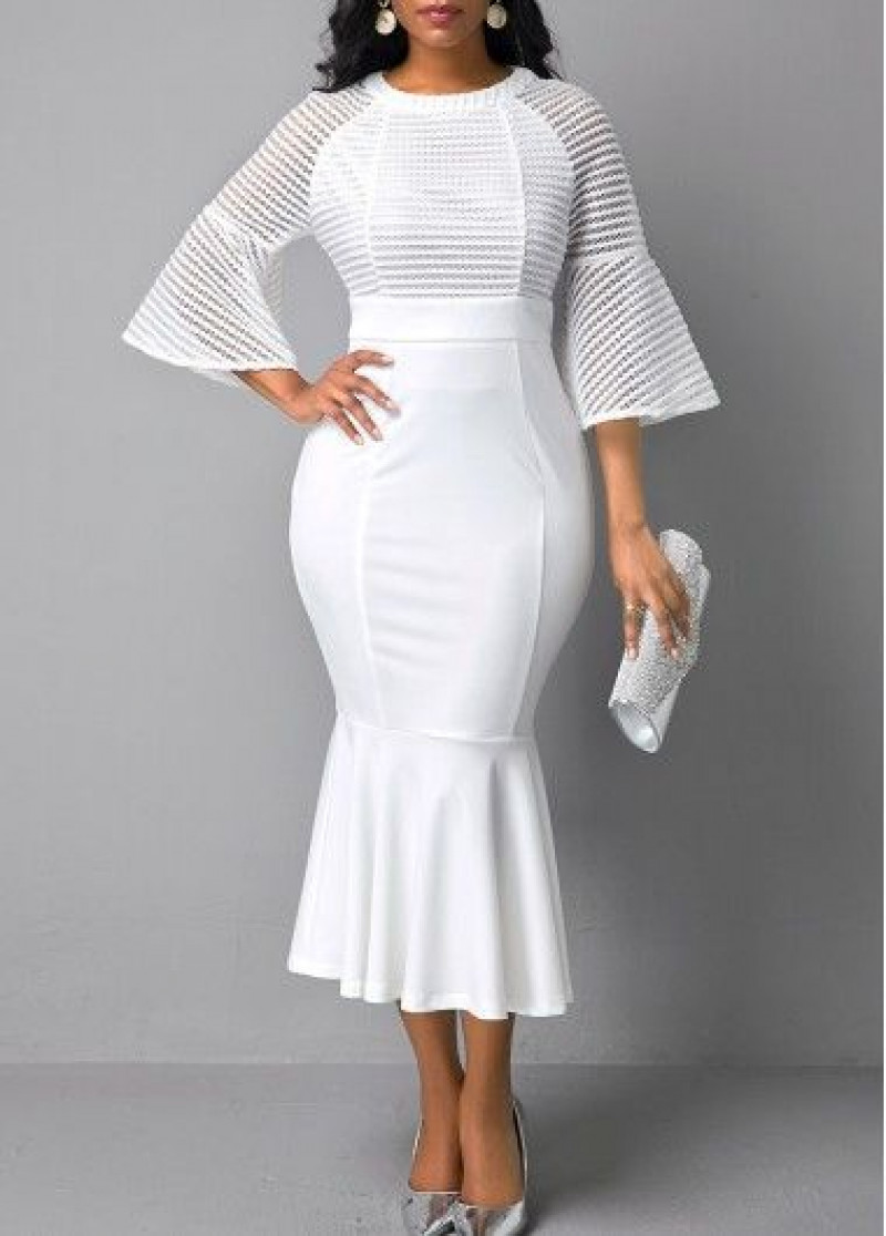 White Long Sleeves T-Shirt, White Cotton Formal Skirt, White Outfits