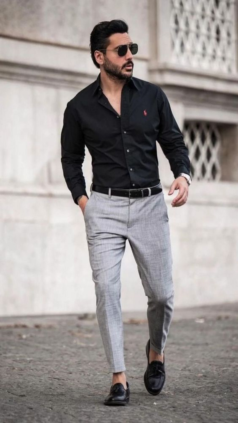 Black Long Sleeves Shirt, Grey Linen Formal Trouser, Black Shirt Grey Pants