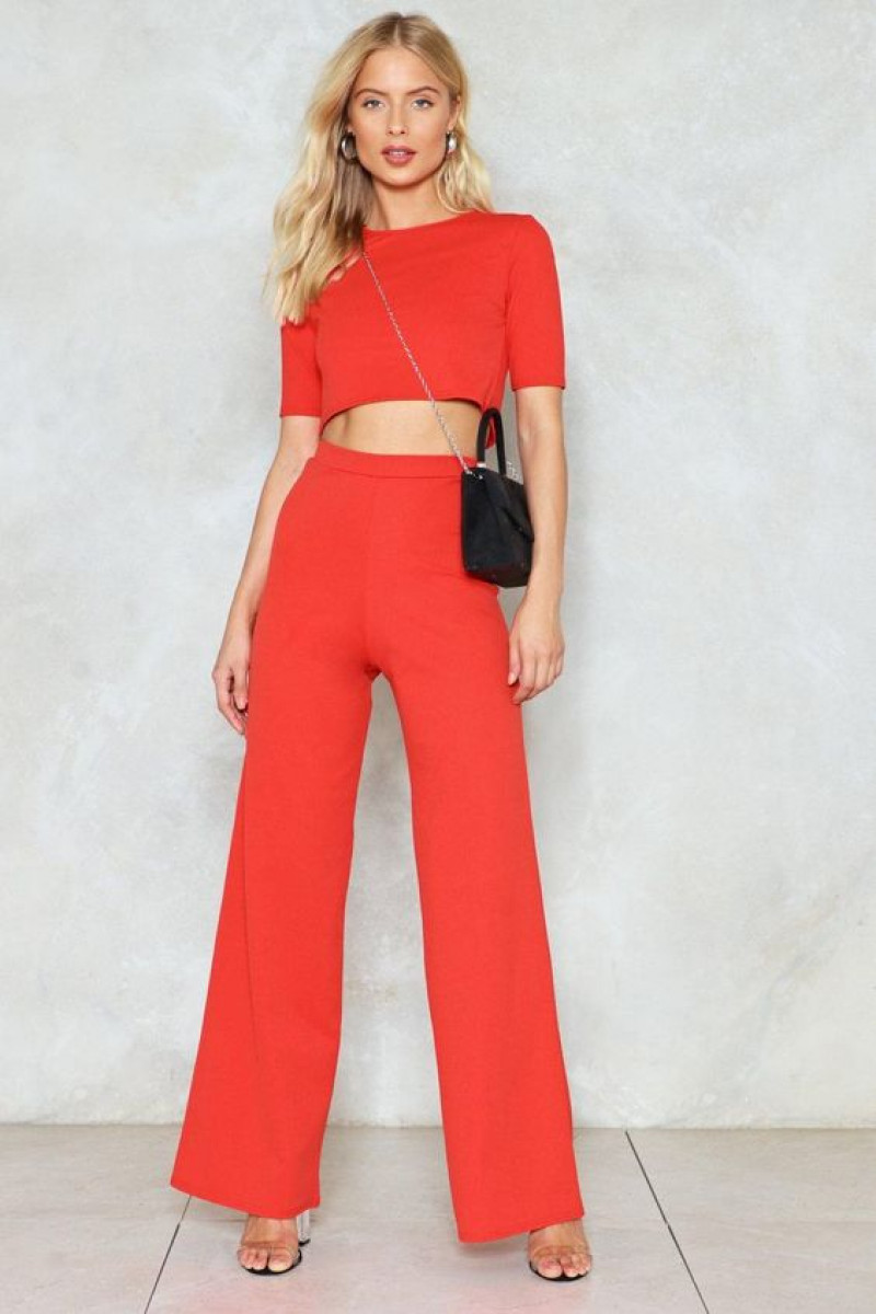 Red Short Sleeves T-Shirt, Orange Silk Culotte, Coral Outfits