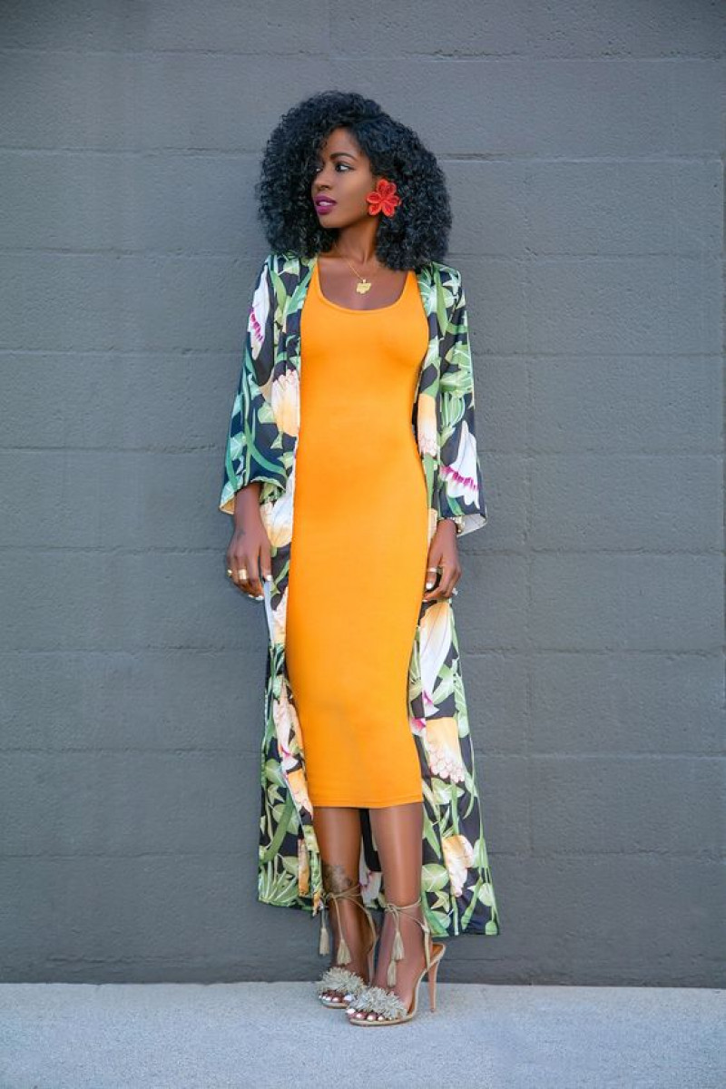 Yellow Evening Dress Midi Sheath Dress, Kimono Outfit