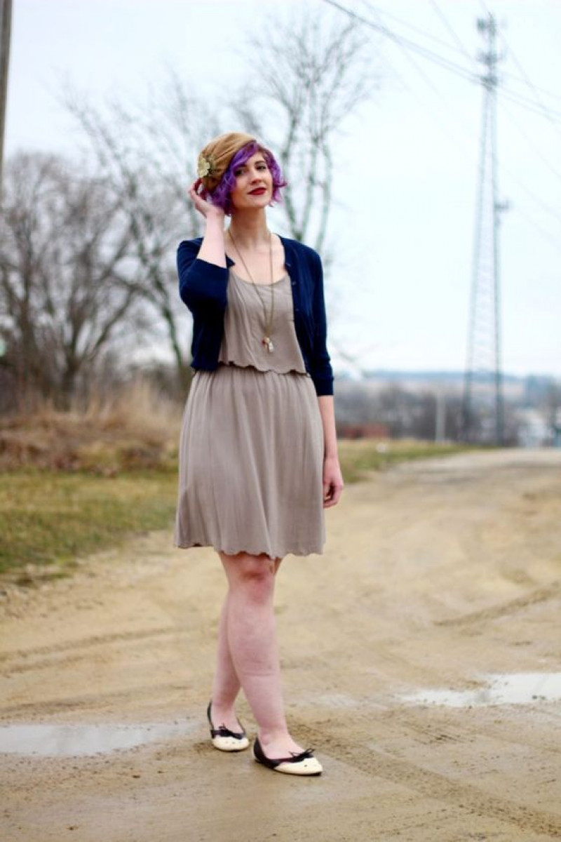 Dark Blue And Navy Long Sleeves Blouse, Beige Mesh/Transparent Formal Skirt, Modern Retro