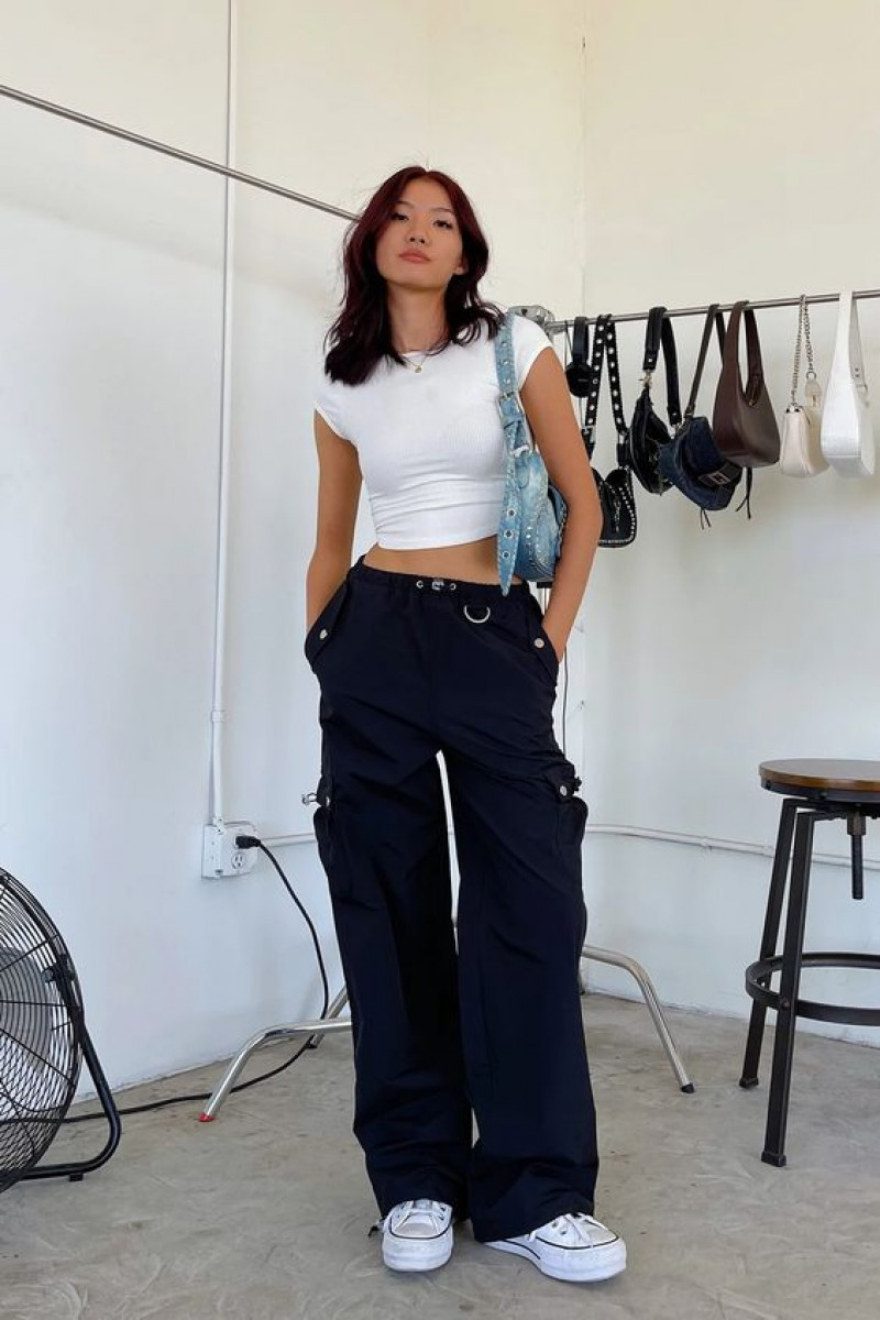 White Sleeveless Tank Top, Black Cotton Casual Trouser, Black Cargo Pants Outfit