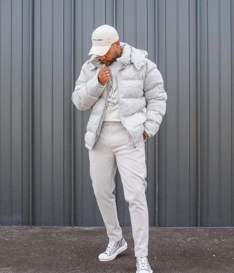 White Puffer Jacket, Beige Cotton Suit Trouser, White Outfit