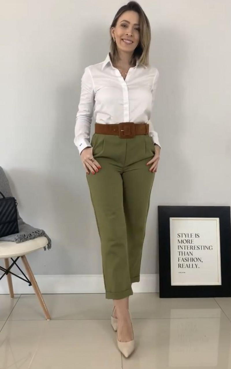 White Long Sleeves Shirt, Green Cotton Formal Trouser, Outfits