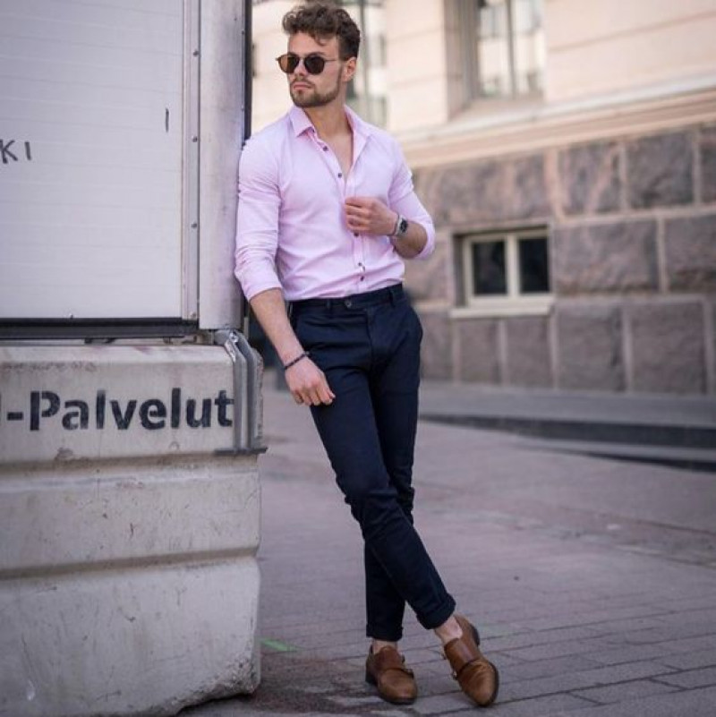muted pink button-up and navy slacks