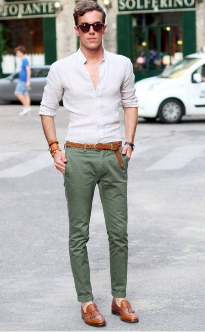 White 3/4 Sleeves Shirt, Green Cotton Casual Trouser, Outfits