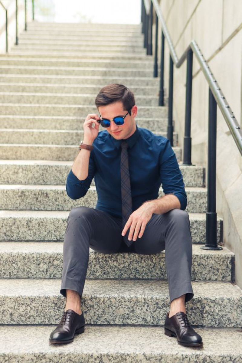 Navy Glossy Shirt and Charcoal Pants