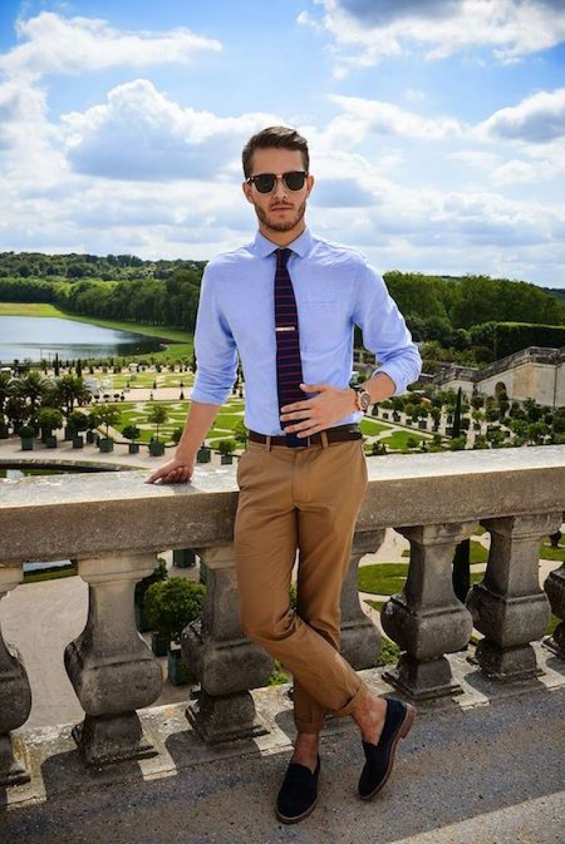 sky blue linen shirt and coffee brown pants